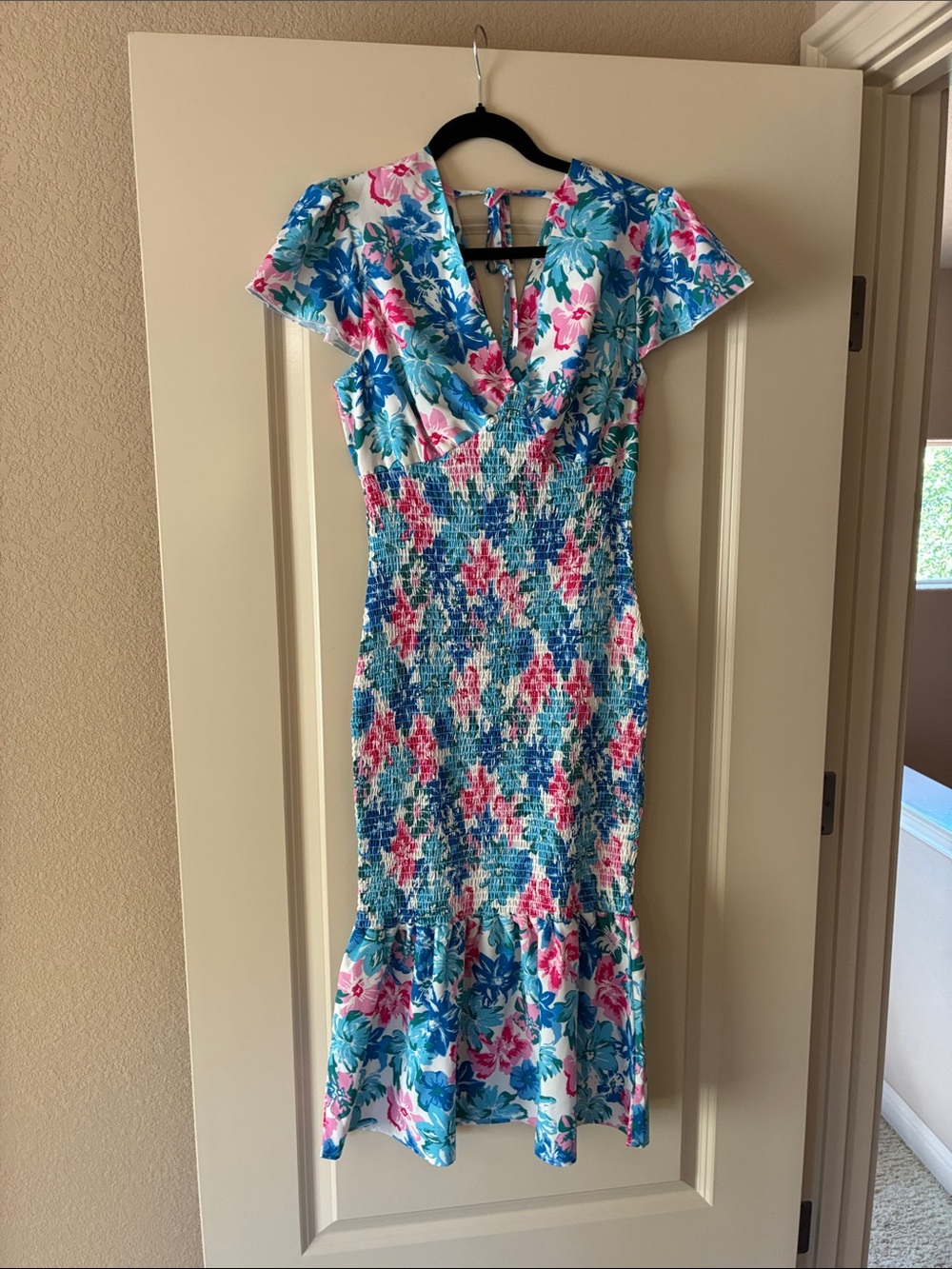 SHEIN Blue, Pink & White Floral Smocked Midi Dress